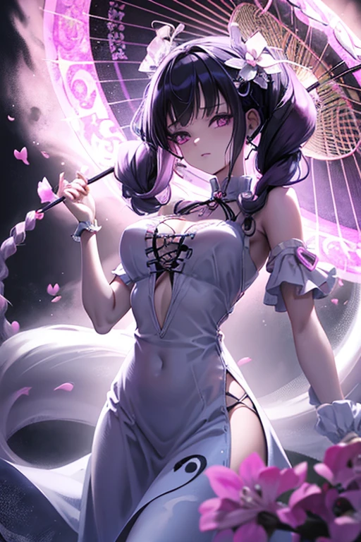 one piece ghost princess perona, ghost and sakura aura, holding a cute umbrella, black pink gothic outfit, hair tied into two curly braids with black and white flower clips, Perfect body shape, wearing black top hat with ribbon, Master Pieces, light-makeup, ghost effect, better lighting, ultra sharp