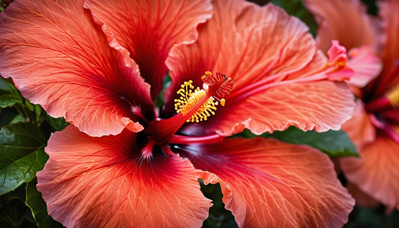 A stunning close-up photograph of a vibrant red hibiscus, also known as a papa flower, in full bloom. The intricately detailed petals display a rich color palette, with a warm golden center that gleams and radiates light. The background is skillfully blurred, drawing the viewer's attention to the flower's beauty and complexity. The image captures the essence of nature's simple yet profound beauty.