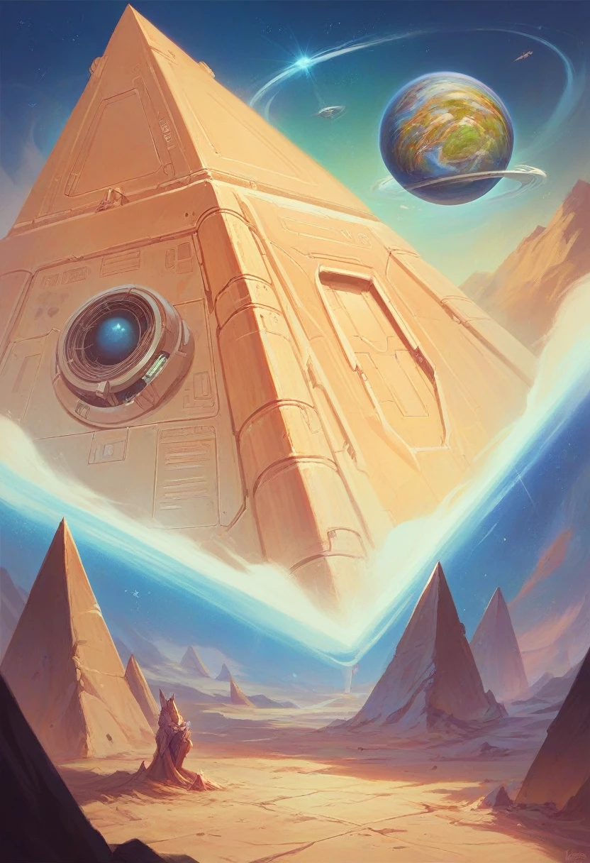 a futuristic alien spacecraft entering a secret lunar base, pyramids, portal, planet earth in the background, minimalist, realistic art
