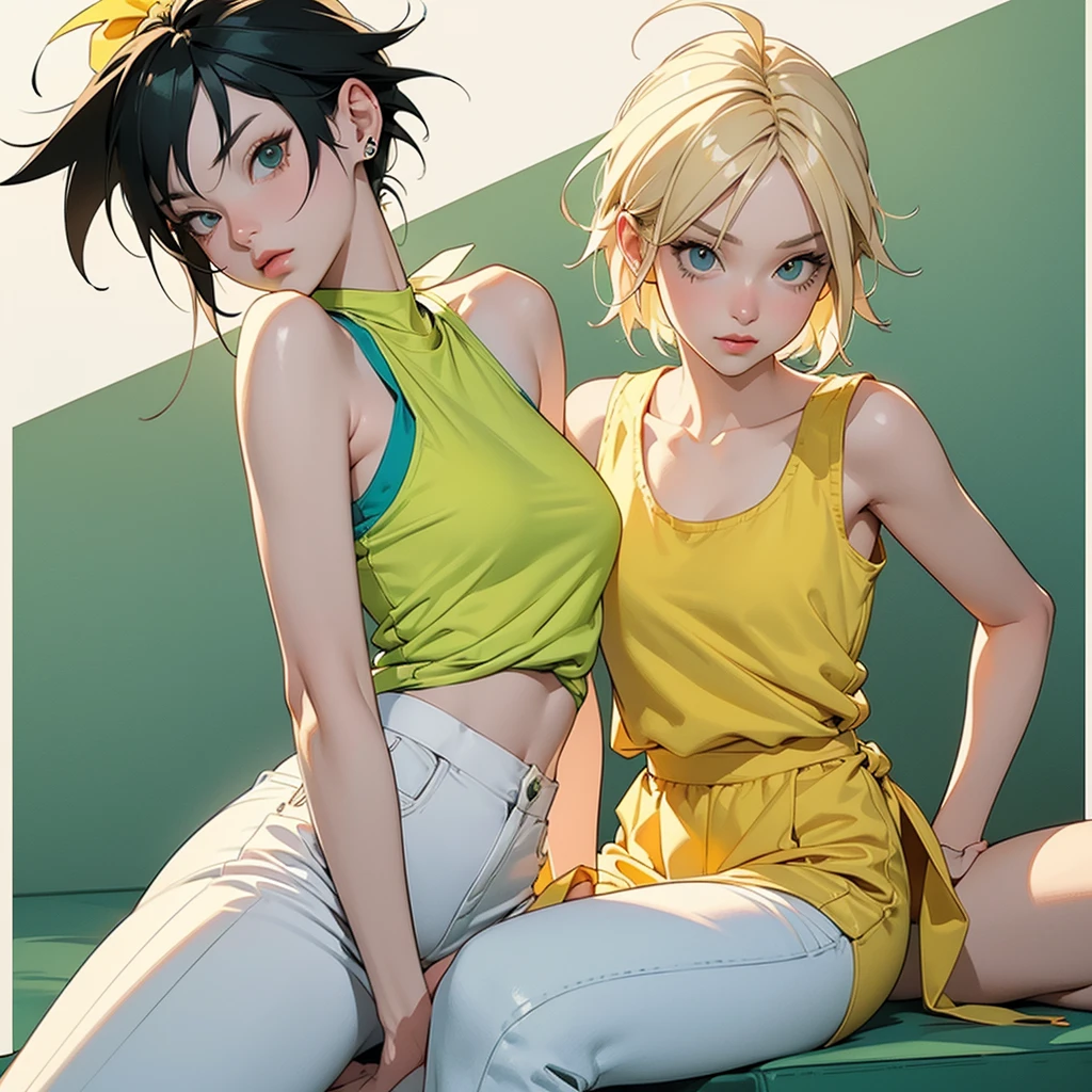 woman similar to gorillaz noodle, short blonde hair ((drawing)), ((anime girl nose)), woman with yellow ribbon wrapped around her body, white tank top, green spandex pants, white sneakers, holding a revolver