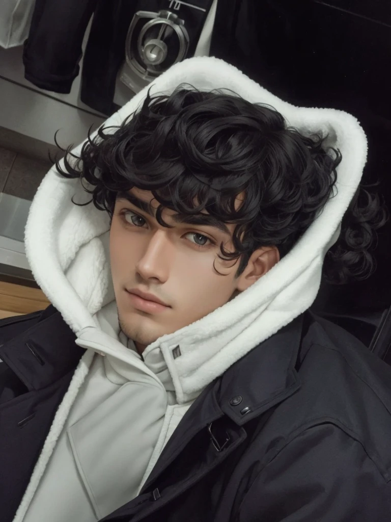 A handsome boy in a coat with black curly hair.