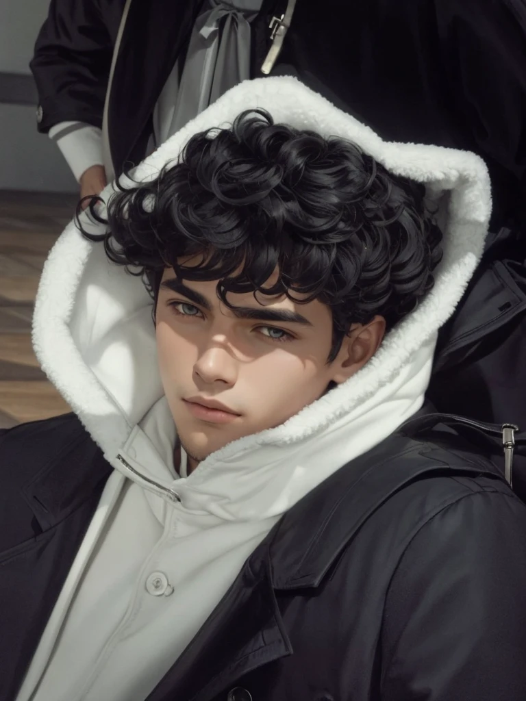 A handsome boy in a coat with black curly hair.