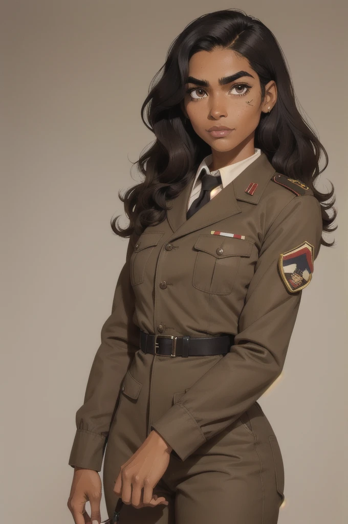 Brown skinned girl, coffee brown eyes, long, subtly wavy black hair, eyebrow scar, Retro, wear a well-equipped military uniform, He has a serious expression. 