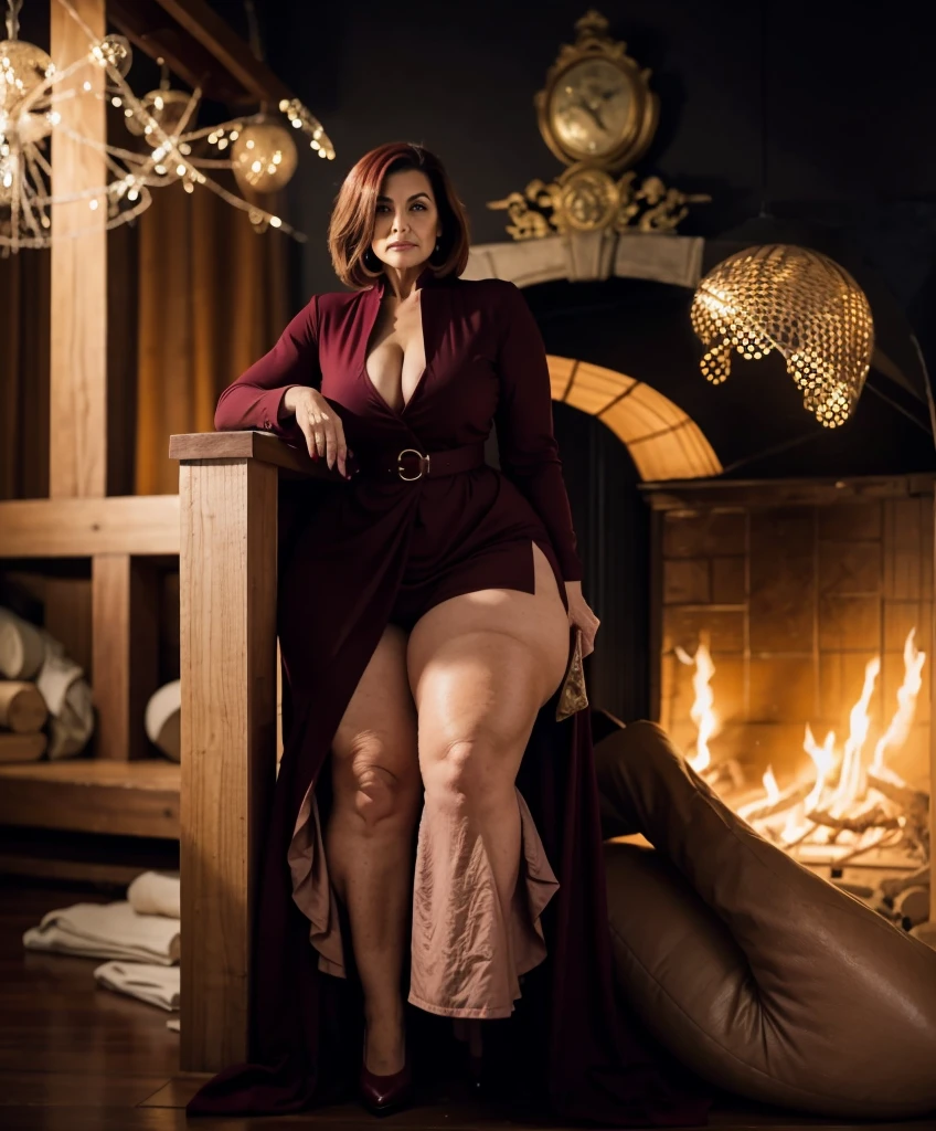 Beautiful 65 year old woman wearing a burgundy and beige corsette