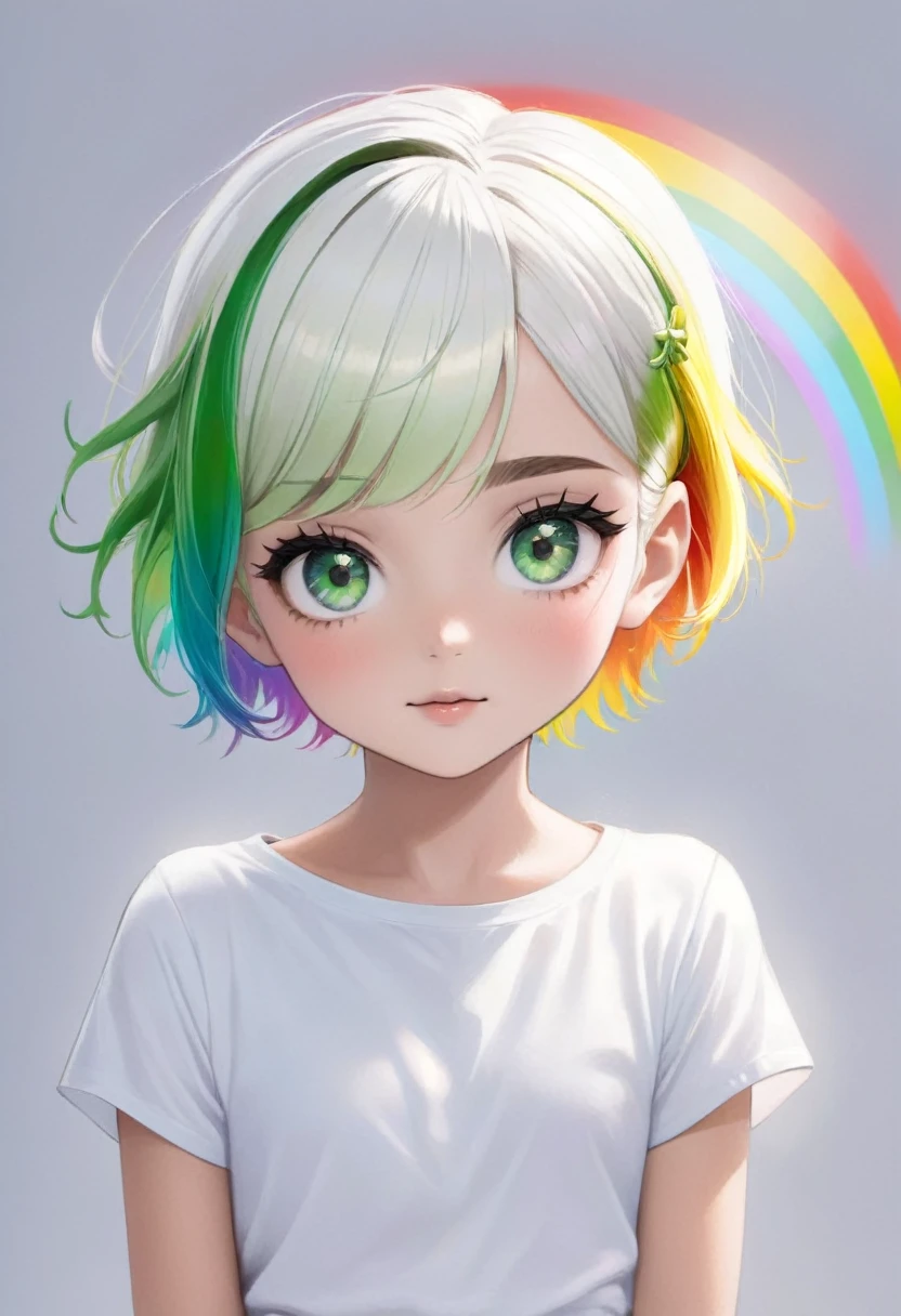 Make a ,short hair tied white,with green eyes,a rainbow children's outfit,and a gardener,a cat sock,a sneaker,e faça anime styling,she is cute,but powerful, do it full body, anime styling (((2D anime))) (((good quality))) (((be more like a cartoon)))
