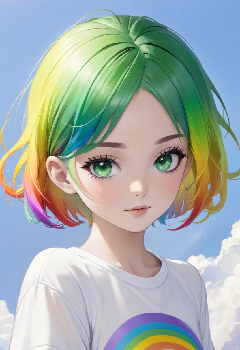 Make a ,short hair tied white,with green eyes,a rainbow children&#39;s outfit,and a gardener,a cat sock,a sneaker,e faça anime styling,she is cute,but powerful, do it full body, anime styling (((2D anime))) (((good quality))) (((be more like a cartoon)))