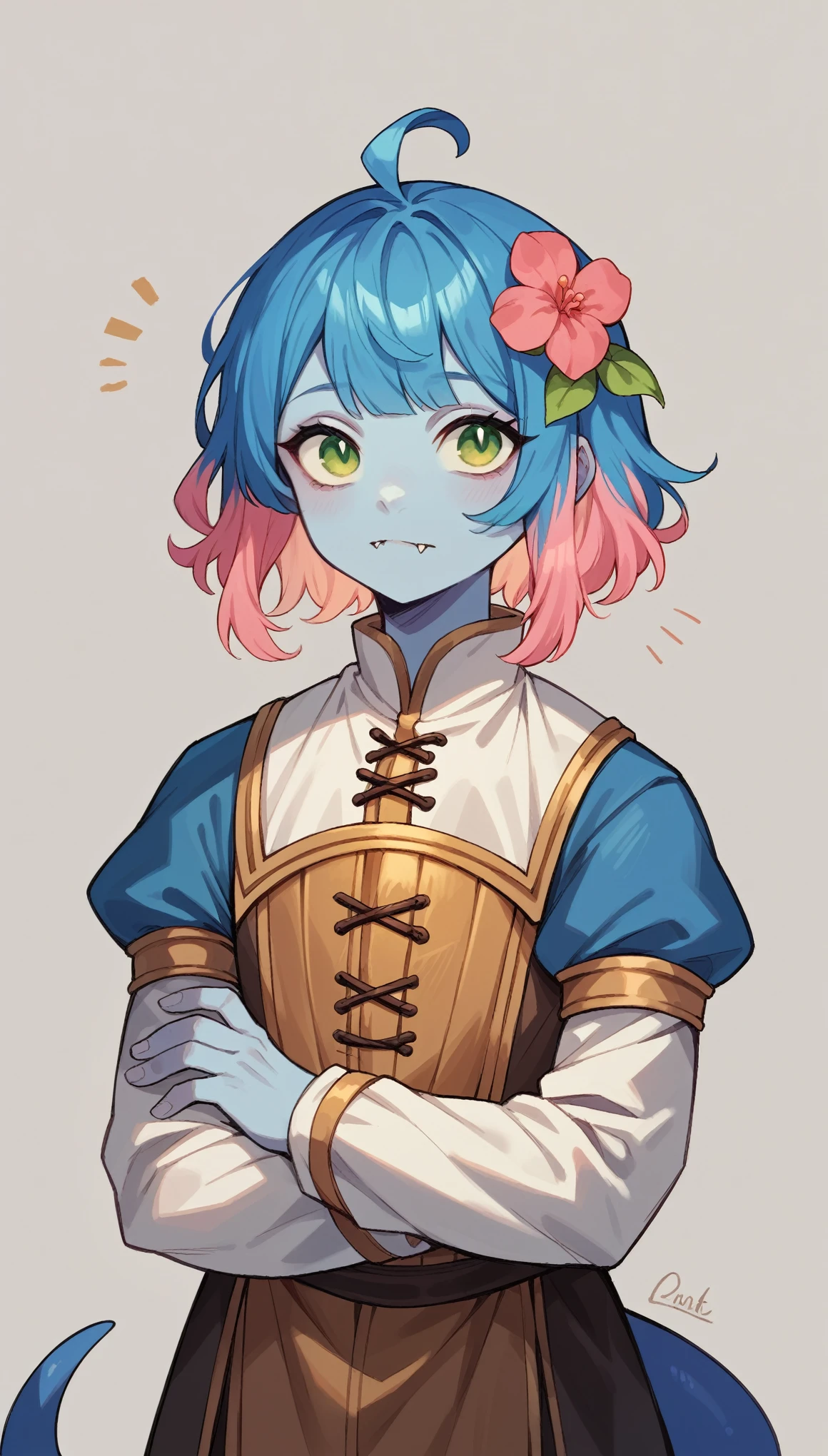 detailed facial features, detailed face, medium hair, multicolored hair, pink hair color, blue hair, tail, hair flower, bangs, fang, High quality, masterpiece, contrast light, color, Front view, facing forward, stands with his legs crossed, blue skin color, green eyes, delicate body, medieval poor man's clothing, small lower fangs