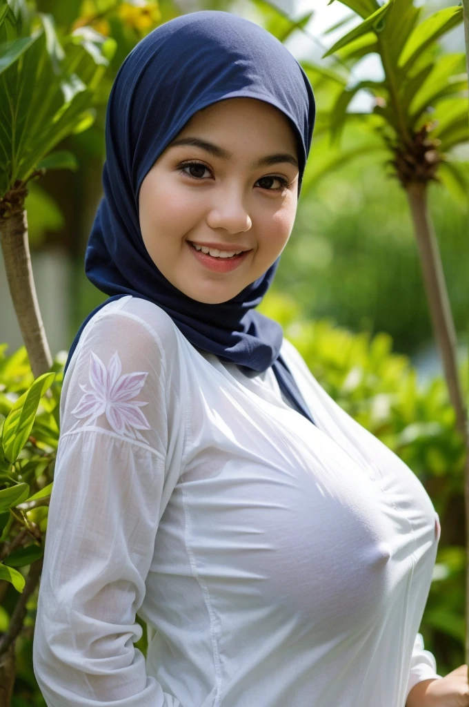 Chubby adorable, 1 girl, (face to face), , baby face, hf body portrait, (face details: 1), (eye details: 1), ((big breasts)). wearing transparent transparency soft soft long shirt, hijab, .. Cute posed. proportional body. Ultra High Res. realistic: 1.4, UHD, (floral pattern), view from side seductive pose 