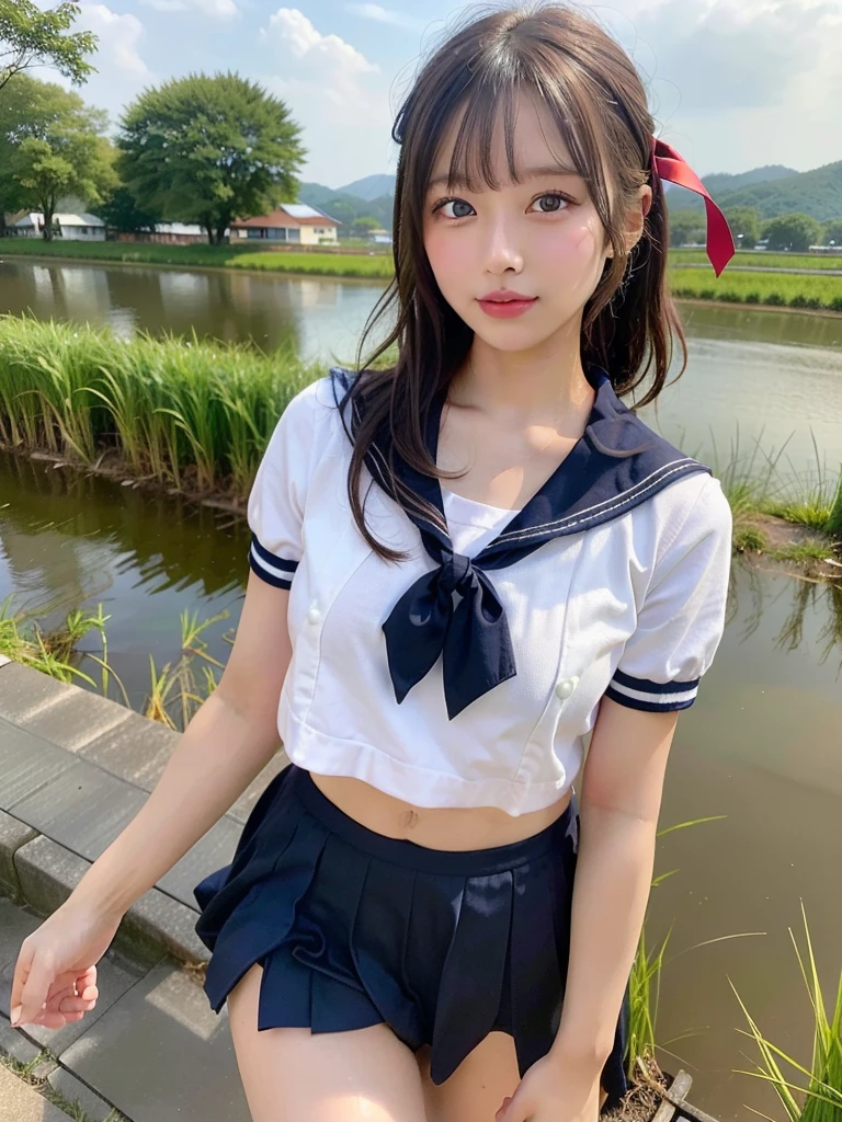 ((Best of the highest quality, 8k, Masterpiece, raw photo: 1.2)), (Sharp focus: 1.2), (1 AESPA, slim body type female, 21 y/o: 1.1), (solo: 1.28), (realistic, photo-realistic:1.37), face focus, cute face, finely eyes, (droopy eyes: 1.32), (Emphasize prominent aegyo-sal with bright: 1.2), shimmering eyeshadow applied under the lower lash line, paired with thick, (small breasts, flat chest, Thigh: 1.3), (short messy hair, updo: 1.28), (school sailor uniform tops, ribbon, panties: 1.32), walking river, (rice field, paddy field: 1.1), flower, (from below: 1.16)