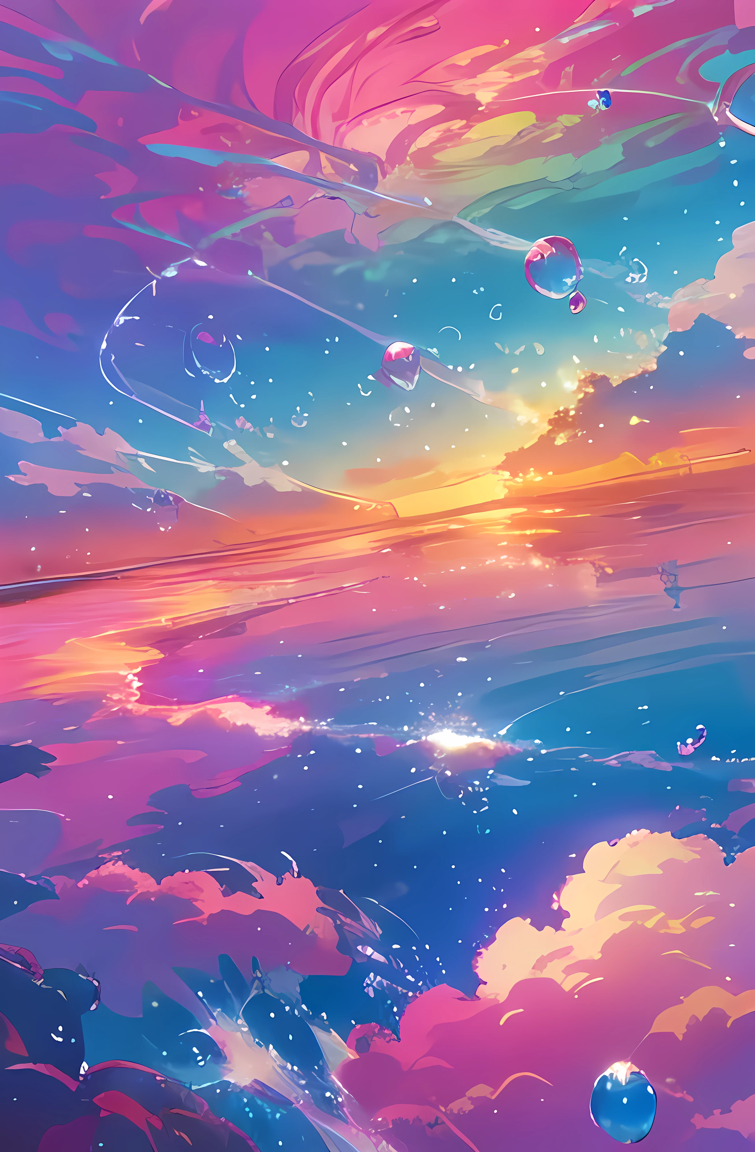 bubbly scenery, colorful anime movie background, floating bubbles, escaping air bubbles, anime background art, dreamy psychedelic anime, beautiful anime scene, beautiful anime scenery, anime background, bubbly underwater scenery, bubbles in the air