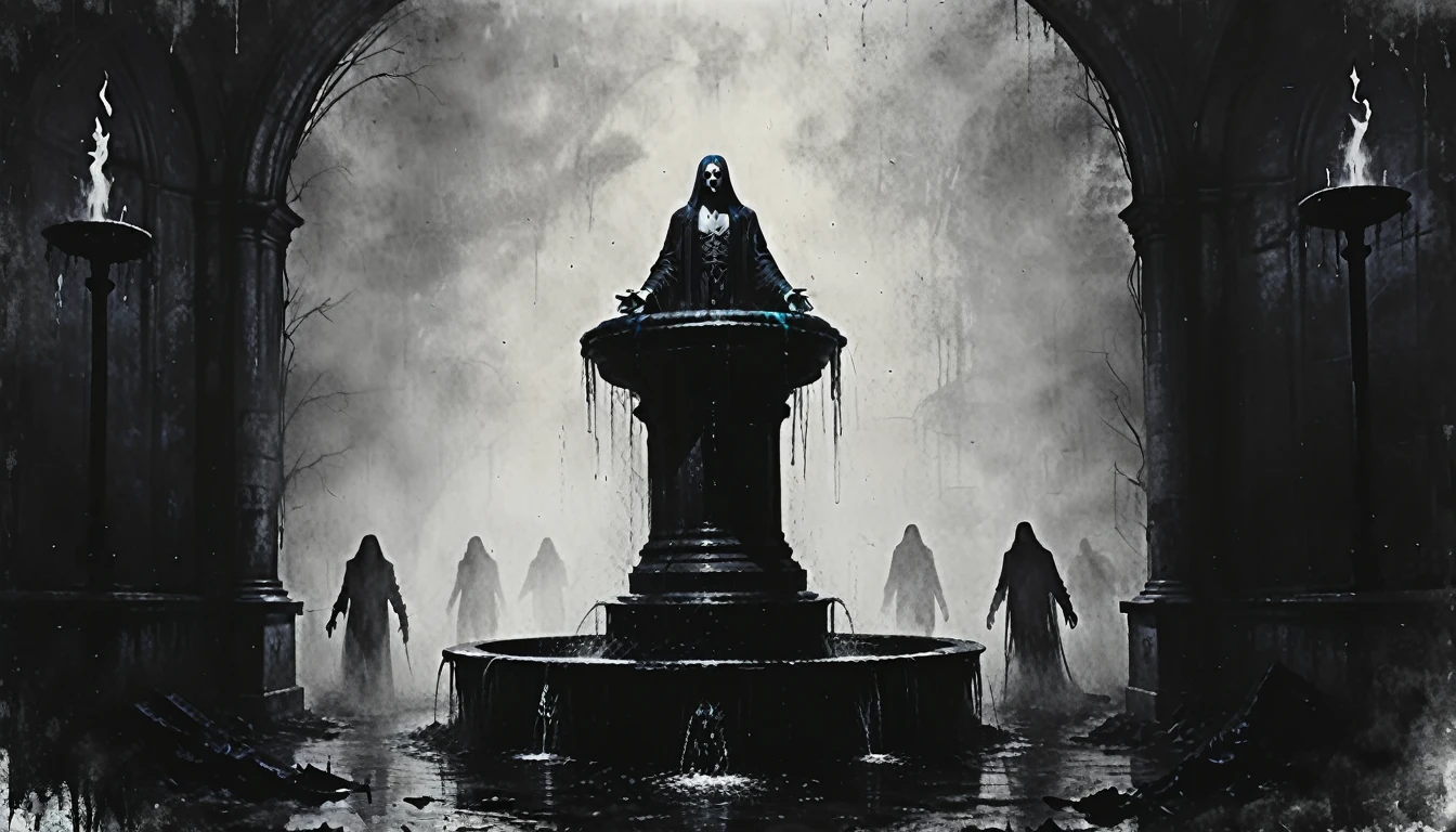 a painting of a ((fountain with corpses)), vampire the masquerade bloodlines, incredible art, gloomy background, nimbus, church ragged vestments, darksketch