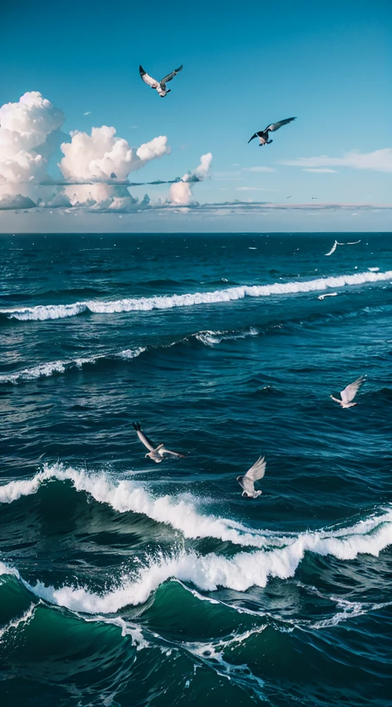 Pigeons flying over the sea