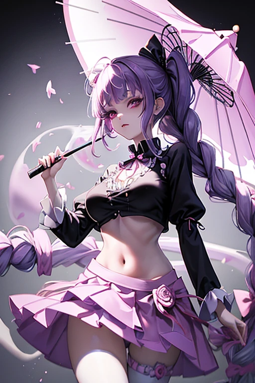 one piece ghost princess perona, ghost and sakura aura, holding a cute umbrella, black pink gothic outfit, hair tied into two curly braids with black and white flower clips, Perfect body shape, wearing black top hat with ribbon, Master Pieces, light-makeup, ghost effect, better lighting, ultra sharp