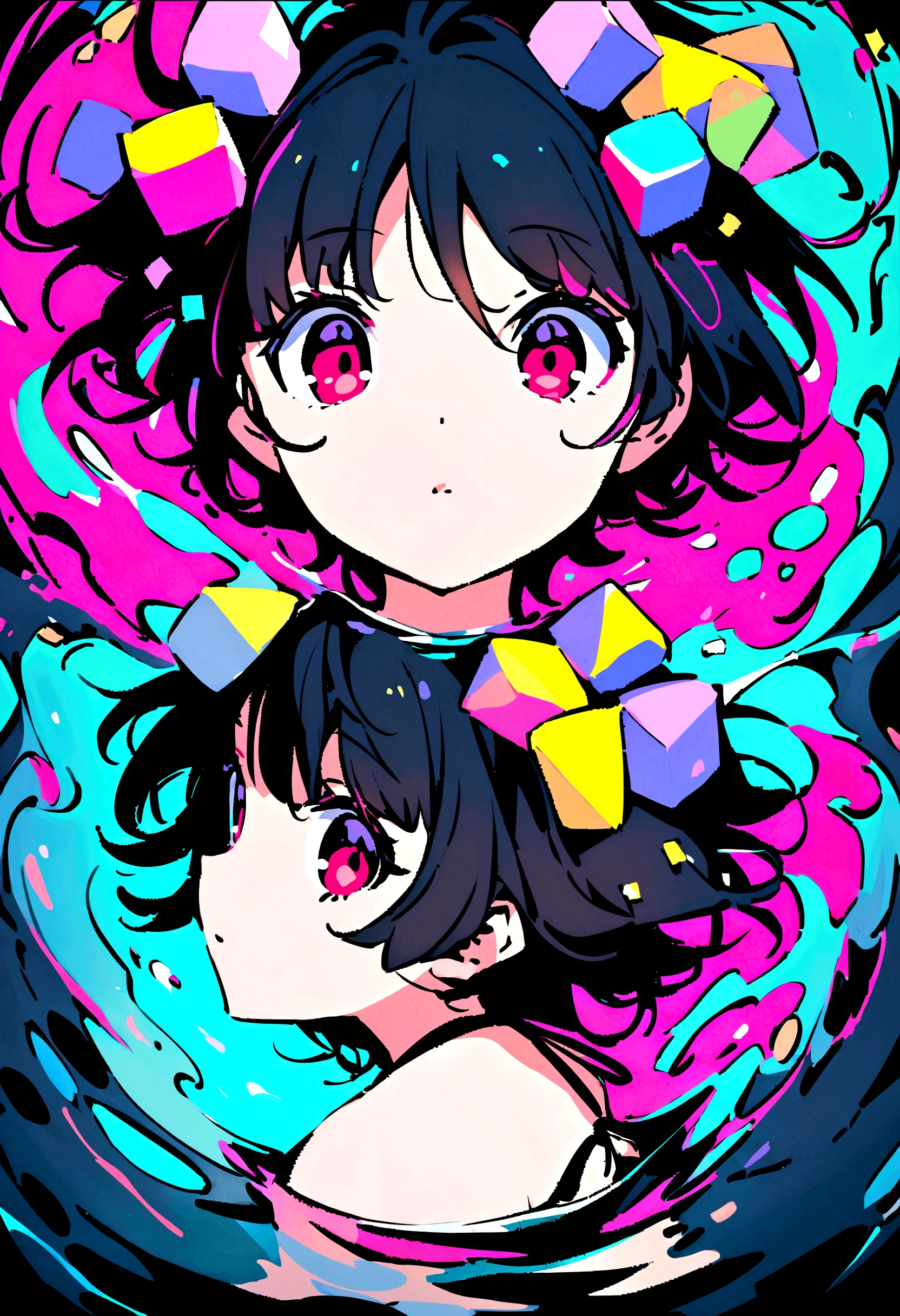 an anime girl with red eyes, long black hair with pink strands with small hair bow with small blue and yellow cubes decoration on the bow, on the right side of the head. She wears a black bikini, in the river 