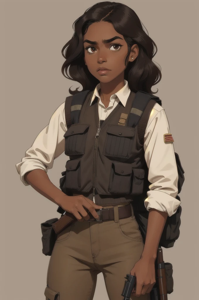Brown skinned girl, coffee brown eyes, long, subtly wavy black hair, Retro, wear a well-equipped military uniform, with antibas vest and gun, He has a serious expression. 