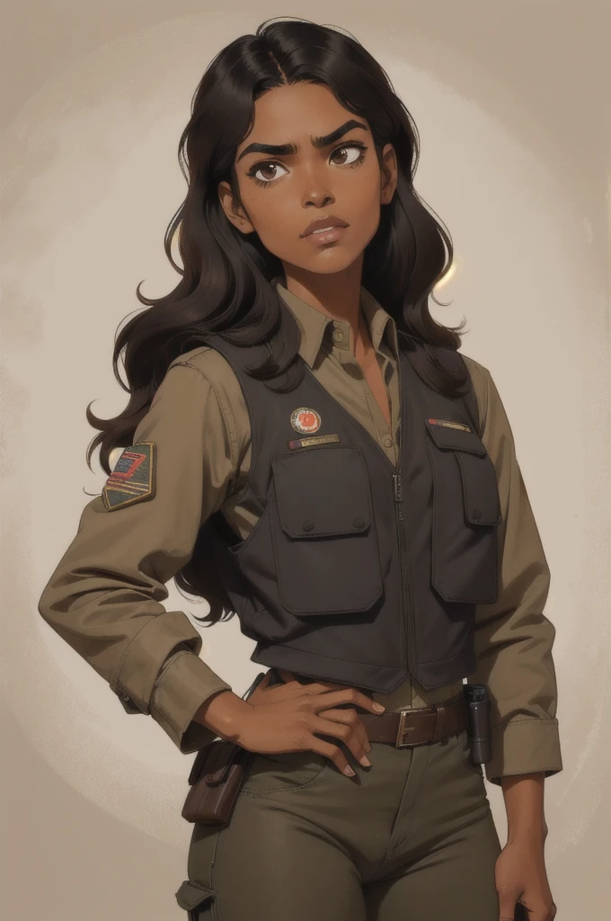 Brown skinned girl, coffee brown eyes, long, subtly wavy black hair, Retro, wear a well-equipped military uniform, with antibas vest and gun, He has a serious expression. 