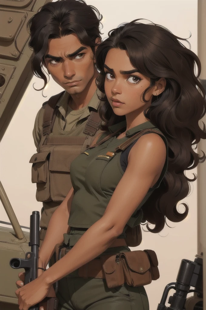 Brown skinned girl, coffee brown eyes, long, subtly wavy black hair, Retro, wear a well-equipped military uniform, with antibas vest and gun, He has a serious expression.