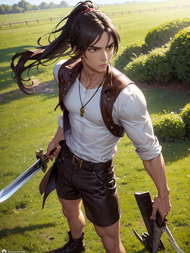 A -yeld an girl with dark brown hair in a high ponytail, light brown eyes, and light, tanned skin. He wears a white shirt with a brown vest, brown shorts, and knee-high leather boots. He wears a leather belt with a dagger on his hip and a necklace with a green stone amulet. He is standing in a green field with a sword in his hand and a determined look on his face.,(all realistic intricate details)