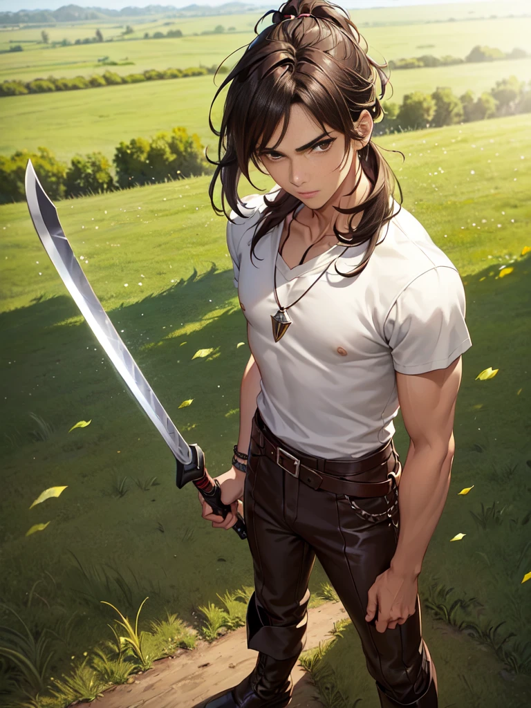 A -yeld an girl with dark brown hair in a high ponytail, light brown eyes, and light, tanned skin. He wears a white shirt with a brown vest, brown shorts, and knee-high leather boots. He wears a leather belt with a dagger on his hip and a necklace with a green stone amulet. He is standing in a green field with a sword in his hand and a determined look on his face.,(all realistic intricate details)