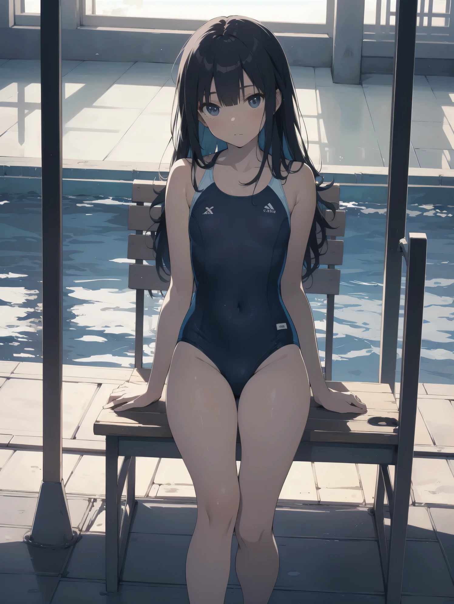ultra-Top-quality by art God, ultra-detailed, high resolution, shinkai makoto style, anime moe artstyle, best anime 8k konachan wallpaper, pixiv contest winner, perfect anatomy, break,(Please draw a picture of a girl in a swimsuit sitting on a bench by the poolside alone.),break, a hyperrealistic school girl, parted lips, (Solo,ta, kid, 13-year-old:1.3),Full limbs, complete fingers, androgynous charm, very long hair, wet hair, small breasts,slender body, Small butt, groin, Small black eyes,hanme,beautiful detailed eyes, well-proportioned iris and pupils, sleepily, highres detailed hair, swimsuit, wet swimsuit, bare shoulders, thighs, in the school pool. break,super detailed skin, shiny skin, Best lighting powered by famous artist, 8k, illustration,UHD, textured skin,break,((artist:toosaka_asagi )), artist:clamp ,artist:carnelian ,artist:kantoku ,