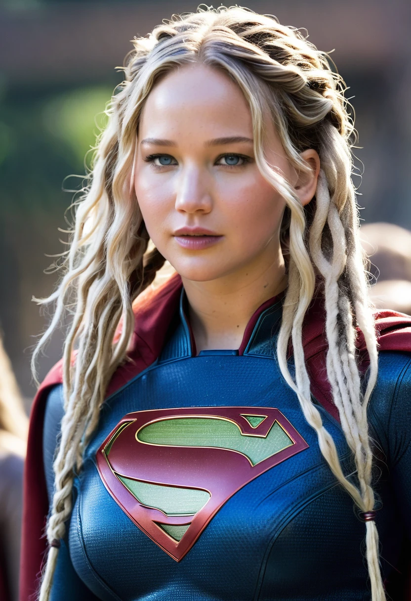 (((Extreme close-up Jennifer Lawrence under the mantle of the Kryptonian Kara Zor-The alias Supergirl (((Dreadlocks cabello largo))), Splash color images)))