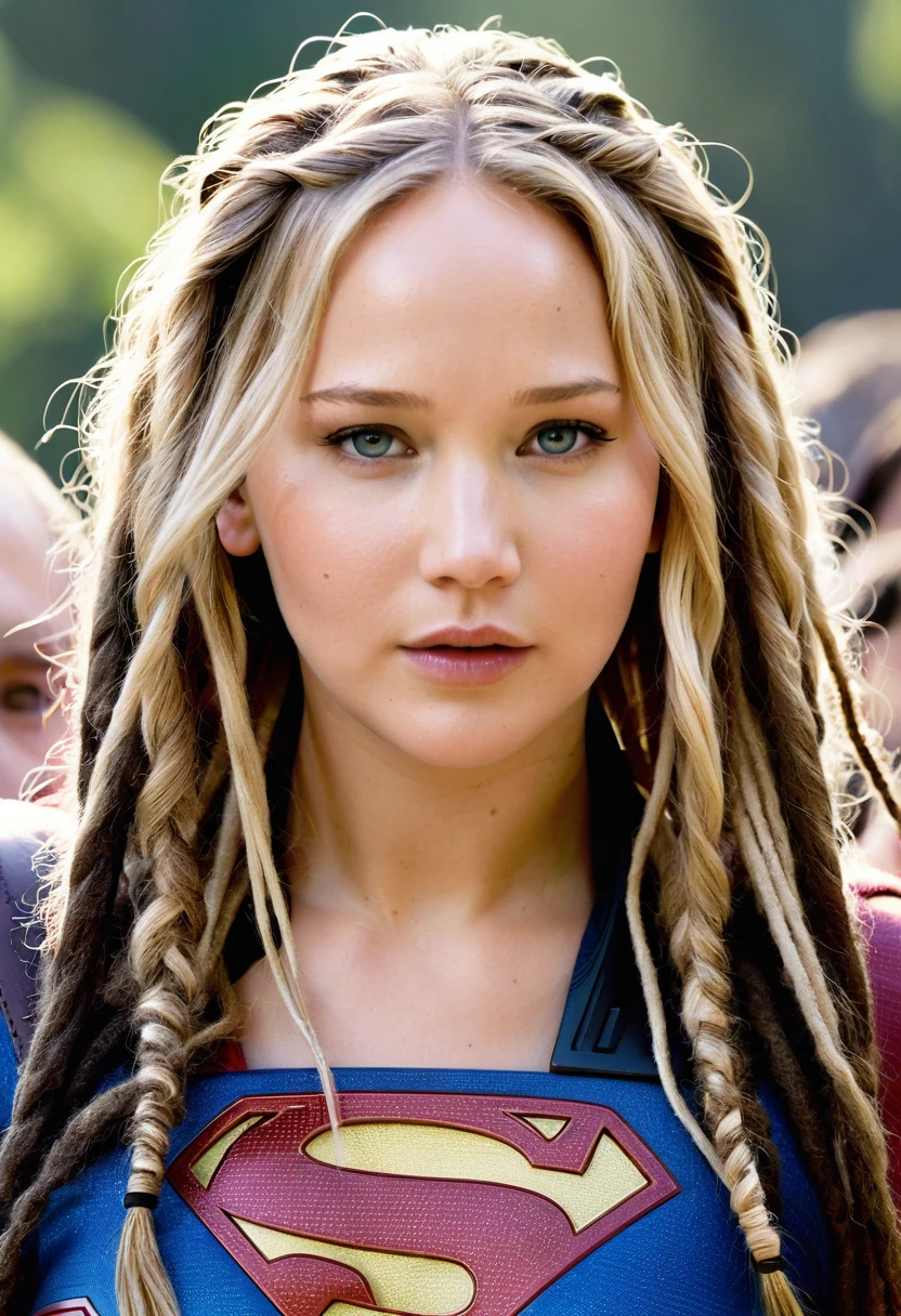 (((Extreme close-up Jennifer Lawrence under the mantle of the Kryptonian Kara Zor-The alias Supergirl (((Dreadlocks cabello largo))), Splash color images)))