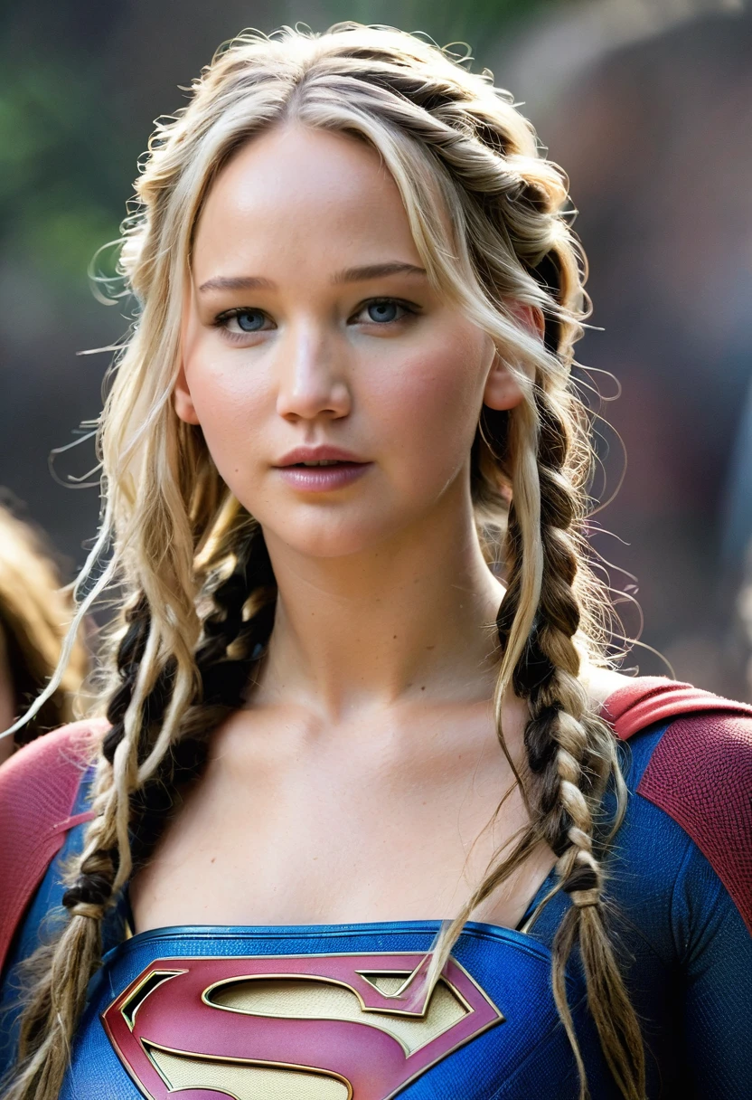 (((Extreme close-up Jennifer Lawrence under the mantle of the Kryptonian Kara Zor-The alias Supergirl (((Dreadlocks cabello largo))), Splash color images)))