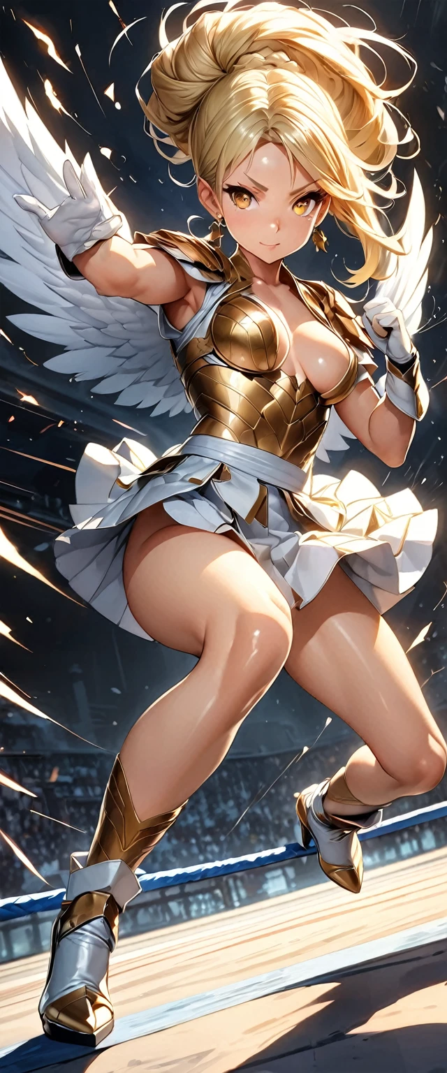 (Perfect Anatomy)、Mastepiece、Ultra High Quality、 8K、masterpiece、Highest quality、Ultra-high resolution、Maximum resolution、Very detailed、Professional Lighting、anime、woman、thin、so beautiful、Highly detailed eye、Highly detailed face、Golden earrings、Blonde, hair bun, Yellow Eyes、Mid-chest,Valkyrie armor, white open mini skirt , full body, gold pattern, white super long boots, white long gloves, female martial artist, high heels, white clawed gauntlets, white cute headgear, fighting stance, gold knee armor, Summoning thunder, Spinning kick, confident pose, wings grow from legs, Kickboxing, dynamic angle, dynamic pose, action painting, gestural marks, dynamic brushwork