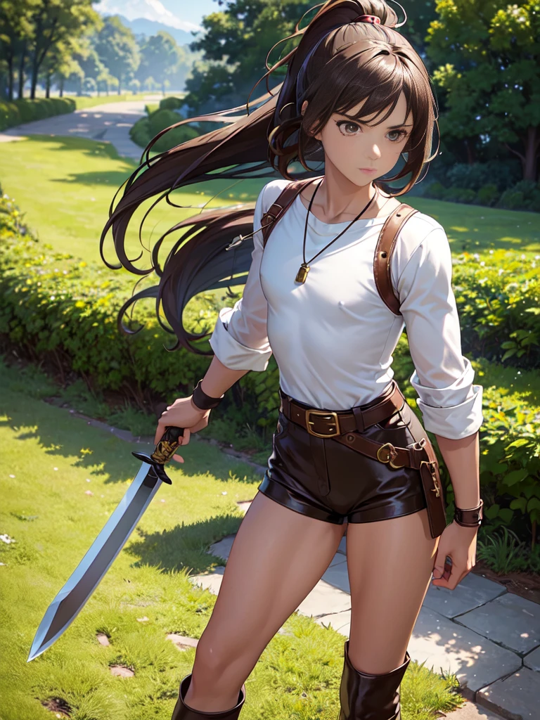 A 14-year-old anime girl with dark brown hair in a high ponytail, light brown eyes, and light, tanned skin. He wears a white shirt with a brown vest, brown shorts, and knee-high leather boots. He wears a leather belt with a dagger on his hip and a necklace with a green stone amulet. He is standing in a green field with a sword in his hand and a determined look on his face.,(all realistic intricate details)