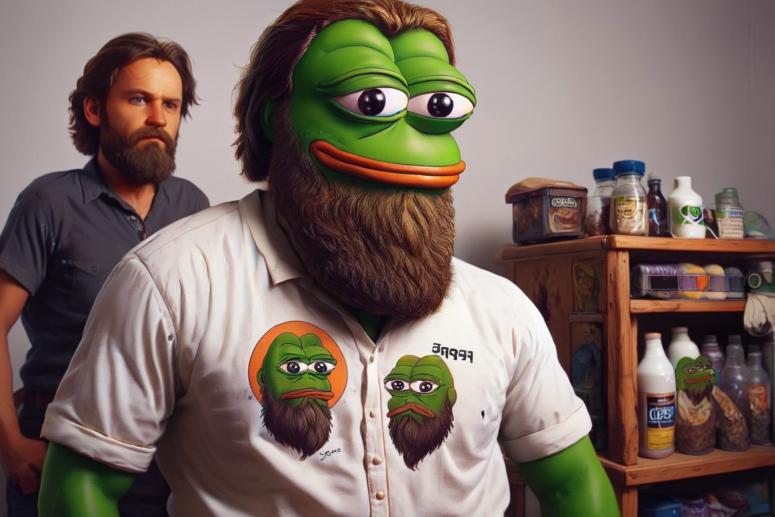 arafed man with a beard and a pepe on his shirt, mid shot portrait, enes dirig, official product photo, detailed product photo, full body wide shot, official product image, sascha schneider, front portrait, portrait shot 8 k, high detail product photo, productphoto, portrait 4 / 3, inspired by George Aleef, front facing shot
