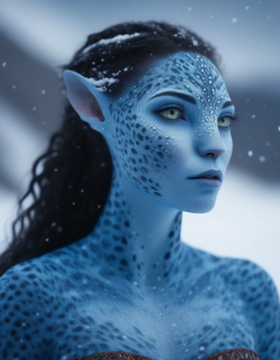 (face portrait), na'vi, female, (lilac eyes), ((big detailed alien eyes)), ((eyebrowless)), ((pointy ears)), (light blue skin tone), (wavy hair), dutchbraids, black hair color, ((long hair)), (young adult), 18 years old, face wrinkles, ((wearing inuit winter clothing)), (wearing tribal acessories), detailed eyes, snow leopard spots all over skin, toned body, muscled body, vibrant colors, ethereal atmosphere, surrealistic dreamy lighting, textured skin, otherworldly beauty, mesmerizing photography, (best quality, highres), vivid colors, ultrarealistic, skin details, sfw, face close-up, ultradetailed body, (white skin), dark background, snow mountain background