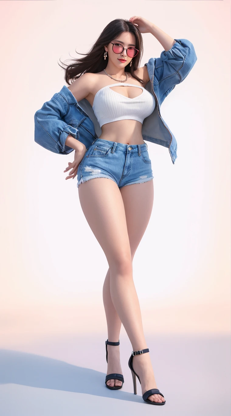 high resolution、high quality、masterpiece、detailed、Blonde、ponytail、Large white ribbon、White tank top、Open your chest wide、Burstingly Big Breasts、Put on your Air Force jacket、Belly button exposed、High leg cut jeans、Bare legs、Thick-soled boots、highway、blue sky、cumulonimbus、