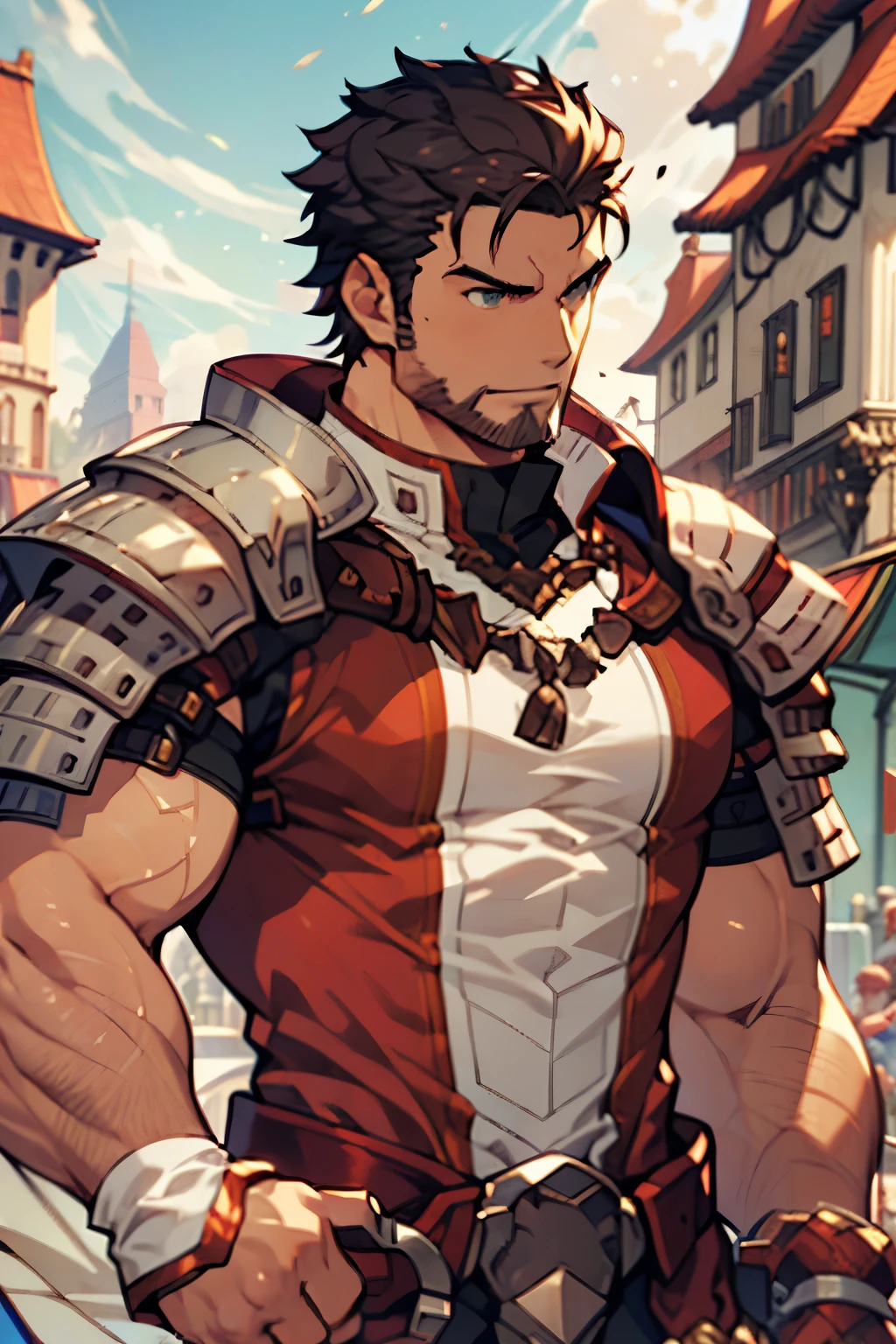 Large medieval kingdom in the background, old mature muscular male, black hair, very short hair, undercut hairstyle, undercut hair, undercut, ((black beard))), ((((stubble:1.0))), goatee, green eyes, bright eyes, 48 years old, bara, muscular male, tall, large shoulders, large chest, huge arms, (large waist:1.0), athlete, bare biceps, Abs, chest, medieval armor, light armor, black armor, Mystical armor, Golden details on the armor, red details on the armor, elsword style armor, granblue fantasy style armor, red cloak, cloak over the shoulders, ((arms exposed:1.0)), Neutral face, cowboy shot, high resolution:1.2, best quality, master part, daylight, Reflection of lens, upper body shot, looking front