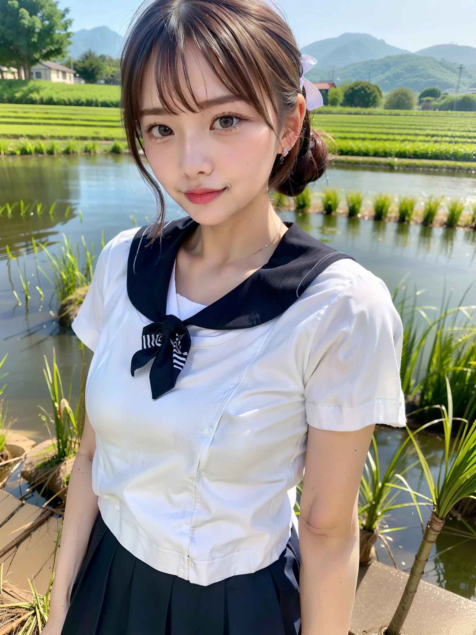 ((Best of the highest quality, 8k, Masterpiece, raw photo: 1.2)), (Sharp focus: 1.2), (1 AESPA, slim body type female, 21 y/o: 1.1), (solo: 1.28), (realistic, photo-realistic:1.37), face focus, cute face, finely eyes, (droopy eyes: 1.32), (Emphasize prominent aegyo-sal with bright: 1.2), shimmering eyeshadow applied under the lower lash line, paired with thick, (small breasts, flat chest, Thigh: 1.3), (short messy hair, updo: 1.28), (school sailor uniform tops, ribbon, panties: 1.32), walking river, (rice field, paddy field: 1.1), flower, (from below: 1.16)