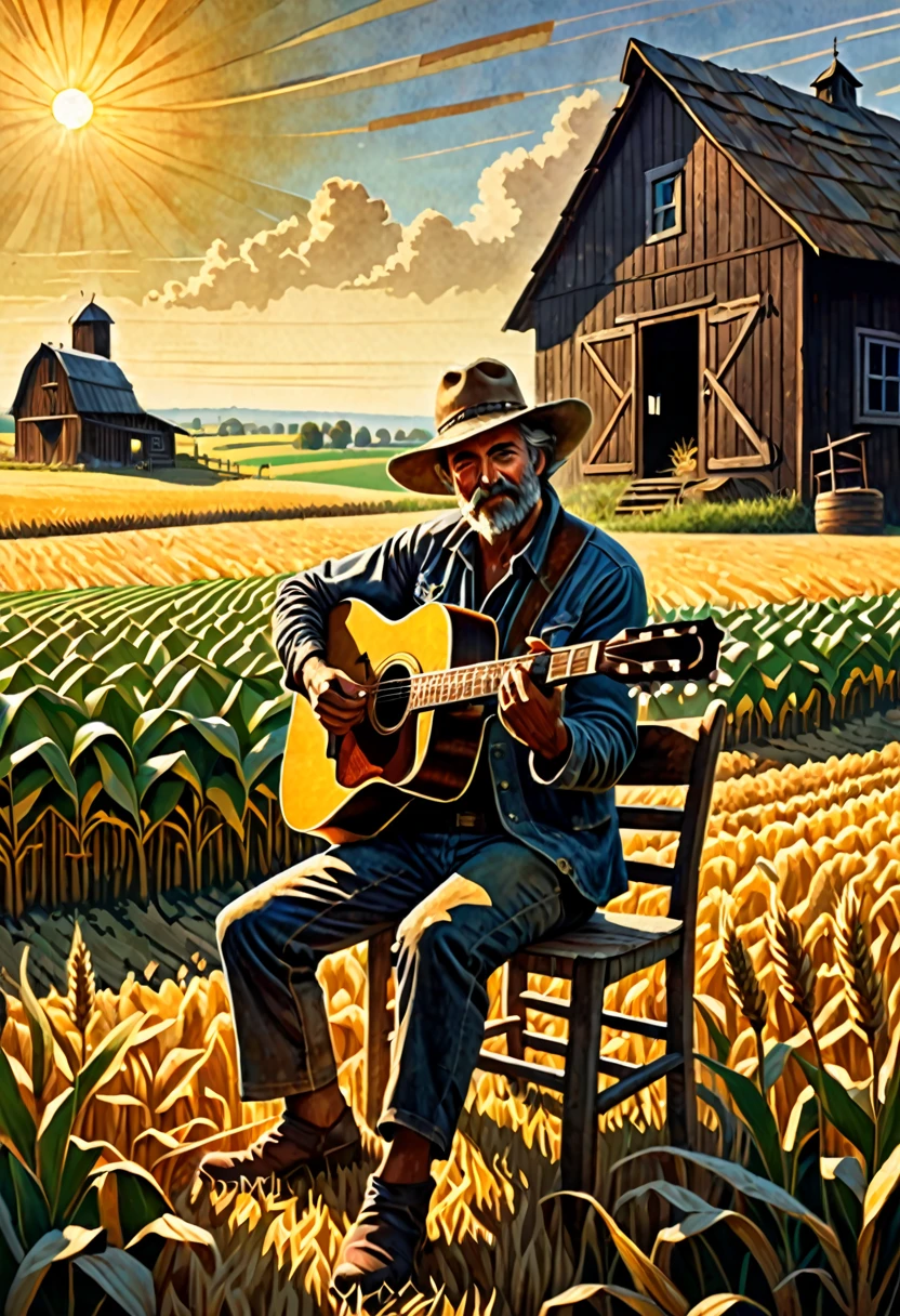 a farmer playing the guitar sitting on a wooden chair and behind his cabin and a barn on the horizon, in a field with crops, on a sunny morning , dark fantasy paper style from the 70s, with intense German-style romantic painting. Shadows and spectacular lighting.