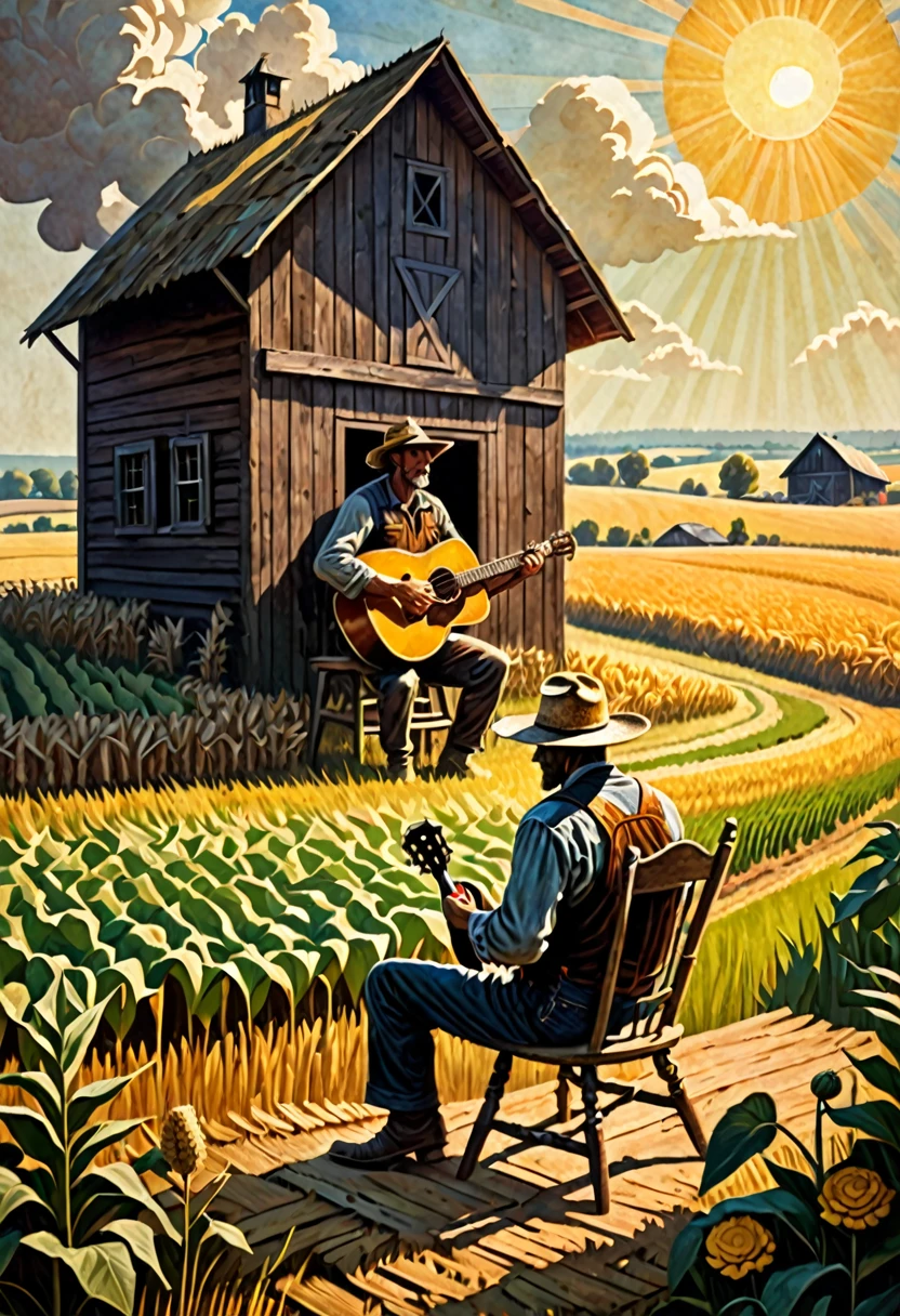 a farmer playing the guitar sitting on a wooden chair and behind his cabin and a barn on the horizon, in a field with crops, on a sunny morning , dark fantasy paper style from the 70s, with intense German-style romantic painting. Shadows and spectacular lighting.
