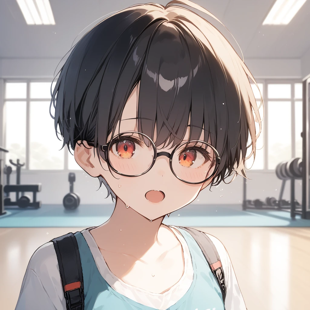 score_9, score_8_up, score_7_up, source_anime, best quality, masterpiece, official art, absurdres, highres, ultra-detailed,waifu2x,Collection: Slice of Life,break,1girl, very short hair,pixie cut, long bangs, glasses, uniform, small breasts, sweat, open mouth, (wavy mouth:0.3), indoors, gym, stretching, summer, break,(clear line illustration:1.2),very high resolution, very aesthetic, super detailed skin, Best sexual lighting powered by famous artist, 8k,cute picture,beauty illustration,photoshop_(medium),,(Detailed Lighting),best anime 8k konachan wallpaper, pixiv contest winner,