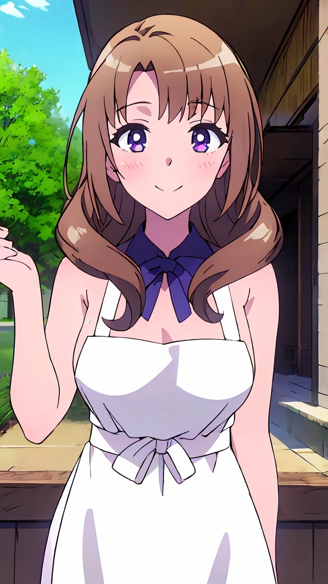 masterpiece, (best quality), 8k uhd, girl, (mamako oosuki), (naked),brown hair, long hair, (hair down), purple eyes, mature female, white shirt, pants, sweater, big breasts, ribbon, sexy woman, smile, (suspender naked apron), apron only,embarrassed, blush,  bare shoulders, vibrant colors , natural lighting, beautiful, (detailed face:1.2), showcase, (perfect eyes:1.1) , (photorealistic:1.1),  looking at viewer, outdoors