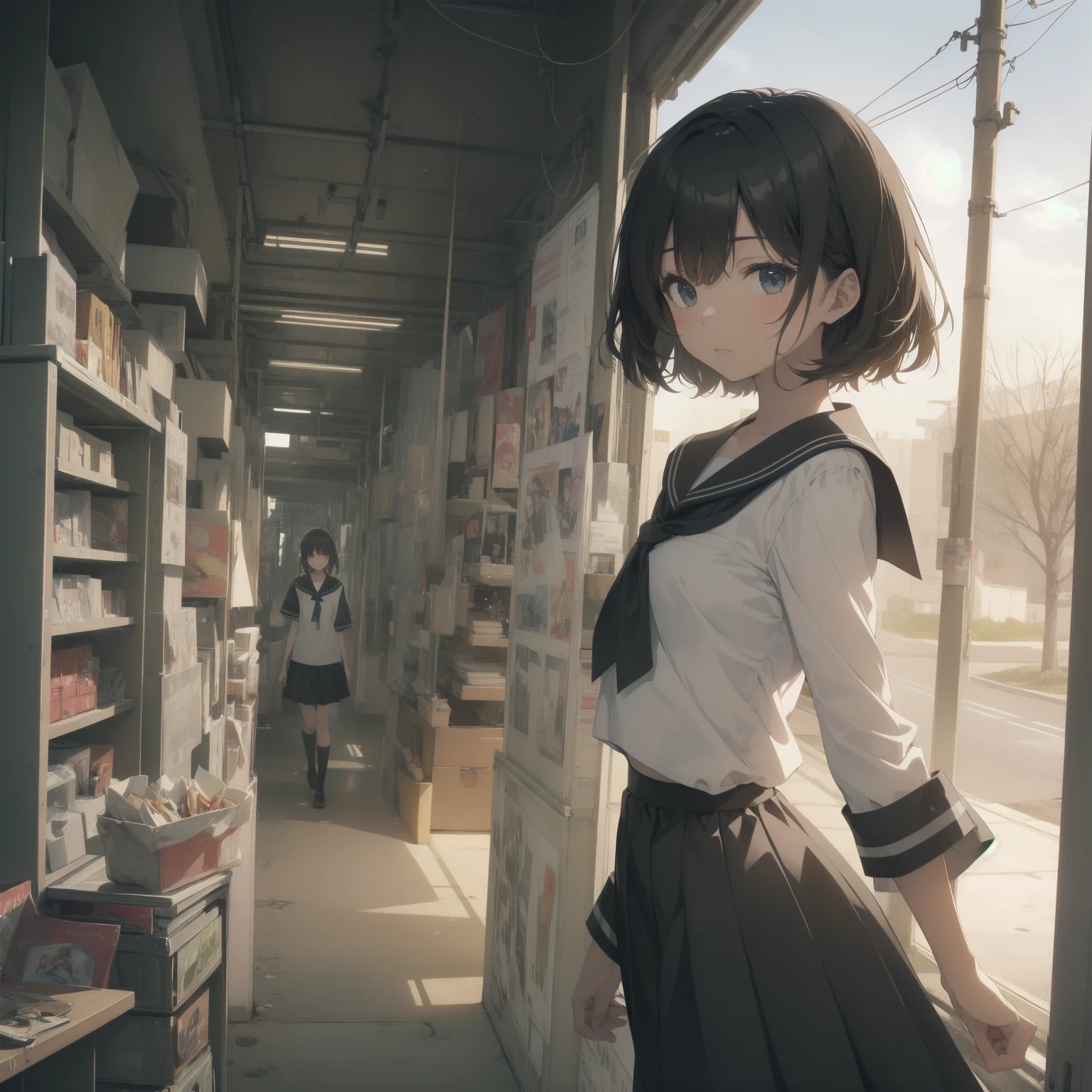 ultra-absurdres-Top quality by artist God, ultra-detailed, high resolution, anime moe artstyle, best anime 8k konachan wallpaper, pixiv contest winner, pool:2810, perfect anatomy,break, 1girl, (Please draw a girl walking sleepily to school alone. )break,(Solo,little female, 13-year-old:1.3),Full limbs, complete fingers,a junior high school student, (very short hair), short cut, flat chest, , small butt, small black eyes, beautiful detailed eyes, well-proportioned iris and pupils, expressive eyes, highres detailed hair, soft expression, salor school_uniform, sailor collar, serahuku, bow, pleated skirt,(Detailed Lighting), (Detailed background), in the School commute route. break,super detailed skin, Best cinematic lighting powered by famous artist, 8k,beauty illustration,photoshop_(medium),very aesthetic,break,((artist:kitsunerider )), artist:clamp ,artist:carnelian ,artist:kantoku ,