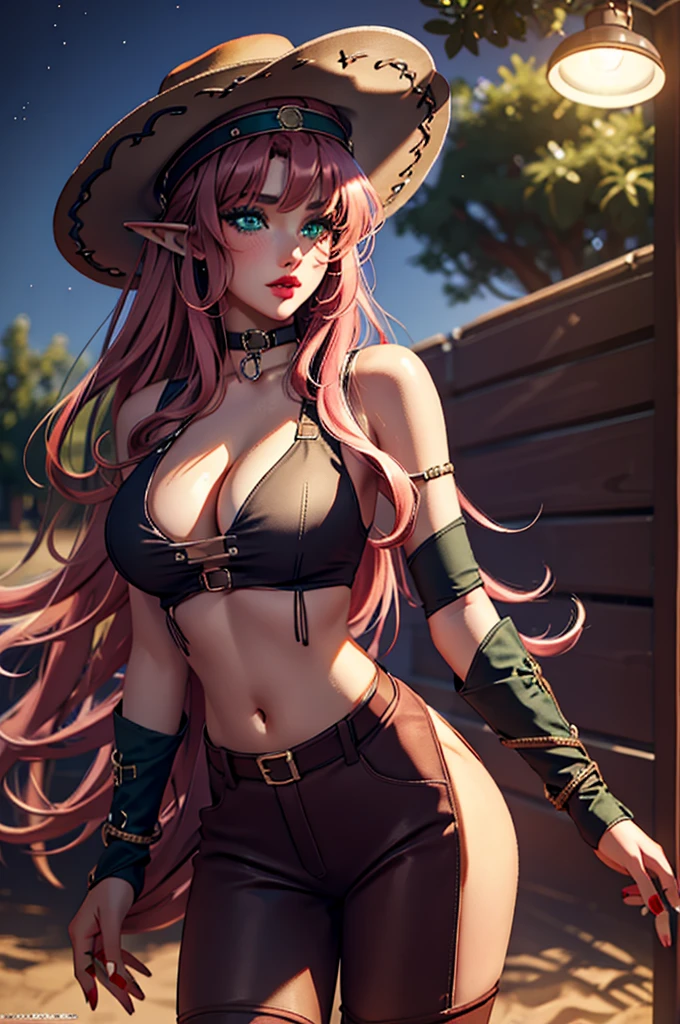 best quality, 32k uhd, insane details, ultra detailed, Masterpiece, desert, night setting, full bodyesbian, ((detailed green eyes, beautiful eyes)), one elf girl, full red lips, exposed navel, large breasts, exposed cleavage, pink hair, straight hair, cowboy outfit, black pants, medium cowboy hat, soft smile, cuffs in left hand.