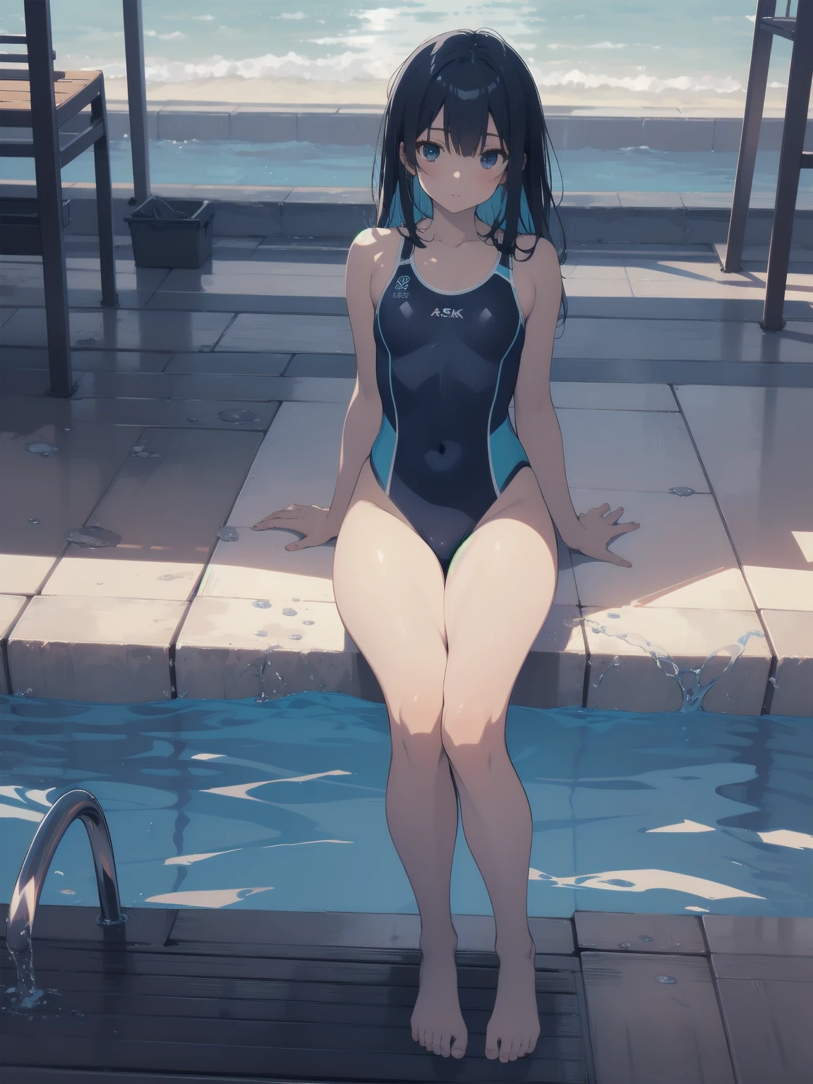 ultra-Top-quality by art God, ultra-detailed, high resolution, shinkai makoto style, anime moe artstyle, best anime 8k konachan wallpaper, pixiv contest winner, perfect anatomy, break,(Please draw a picture of a girl in a swimsuit sitting on a bench by the poolside alone.),break, a hyperrealistic school girl, parted lips, (Solo,lolita, , 13-ar-1.3),l limbs, complete fingers, androgynous charm, very long hair, wet hair, small breasts,slender body, Small butt, groin, Small black eyes,hanme,beautiful detailed eyes, well-proportioned iris and pupils, sleepily, highres detailed hair, swimsuit, wet swimsuit, bare shoulders, thighs,  in the school pool. break,super detailed skin, shiny skin, Best lighting powered by famous artist, 8k, illustration,UHD, textured skin,break,((artist:toosaka_asagi )), artist:clamp ,artist:carnelian ,artist:kantoku ,