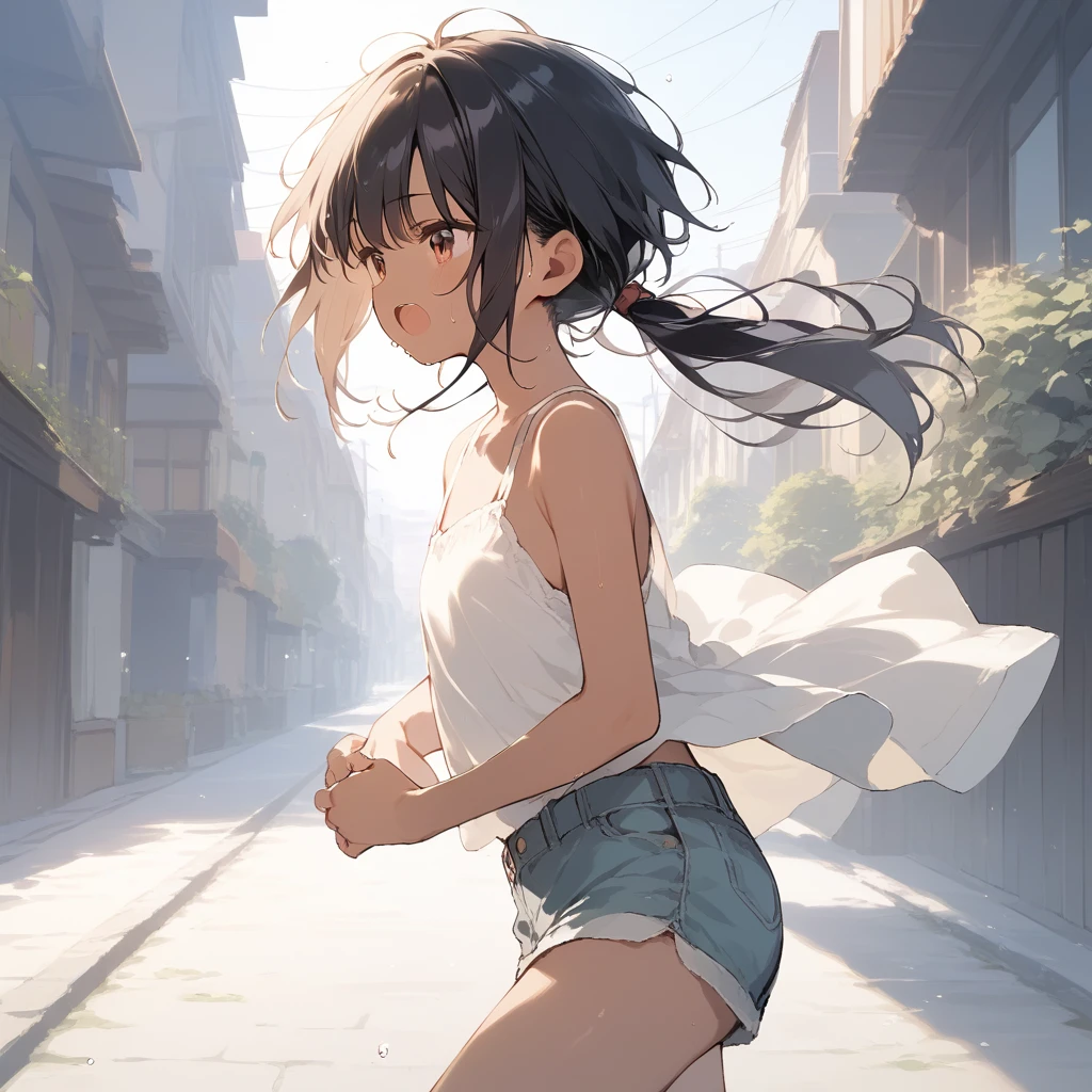 score_9, score_8_up, score_7_up, source_anime, best quality, masterpiece, official art, absurdres, highres, ultra-detailed,waifu2x,Collection: Slice of Life,break,1girl, tomboy, dark-skinned female, short hair, low ponytail, flat chest, beautiful detailed eyes, short shorts, sweat, open mouth, (yawn:0.3), sleepily, outdoors, wind, break,(clear line illustration:1.2),very high resolution, very aesthetic, super detailed skin, Best sexual lighting powered by famous artist, 8k,cute picture,beauty illustration,photoshop_(medium),,(Detailed Lighting),best anime 8k konachan wallpaper, pixiv contest winner,