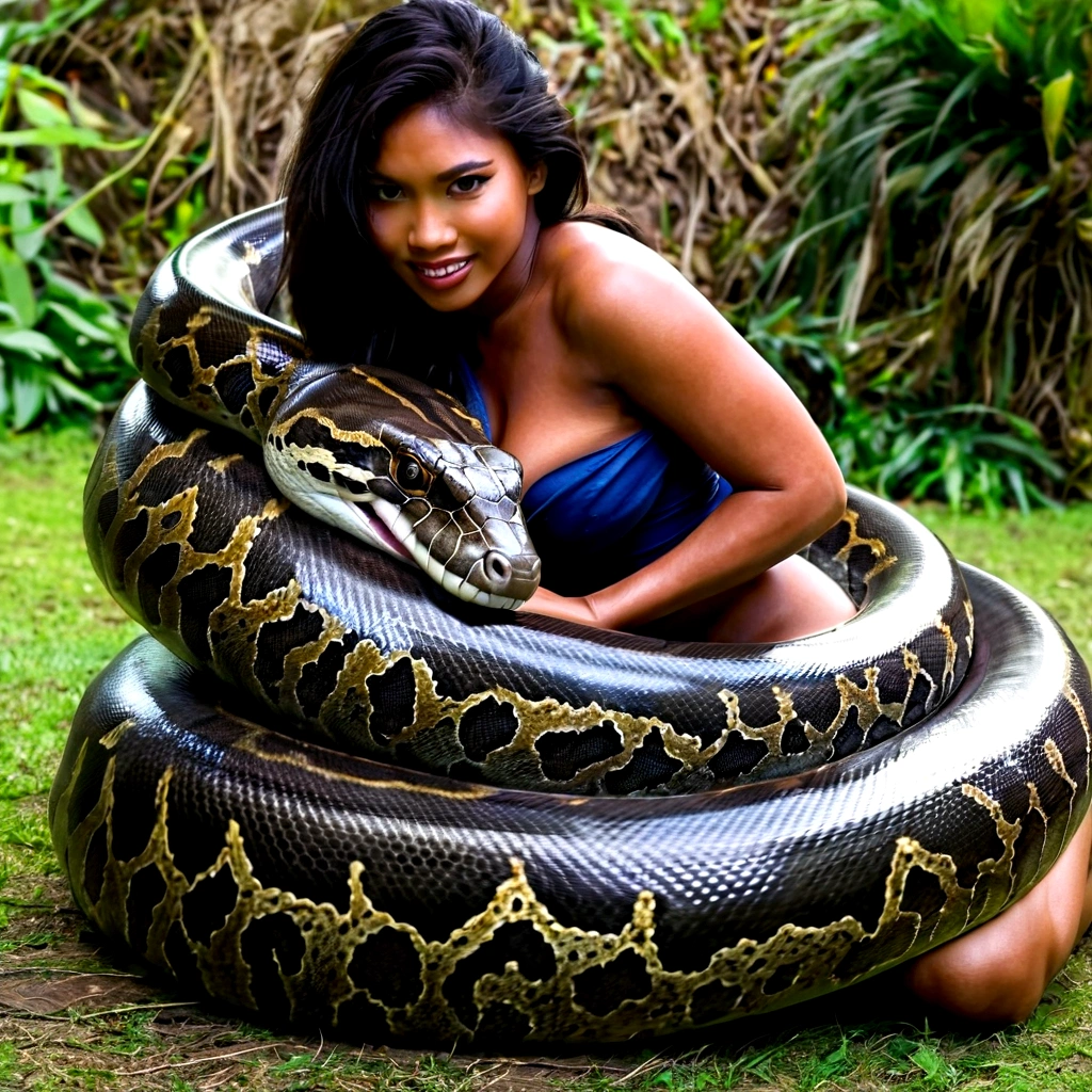 Happy Horny, aroused 1girl), beautiful kneeling Filipino young girl with giant colossal black titanboa squeezing her hard, wrapped in thick spiraling coils, constricted, struggle, gasping for air, snake attack, snake peril, moonless night, dim light