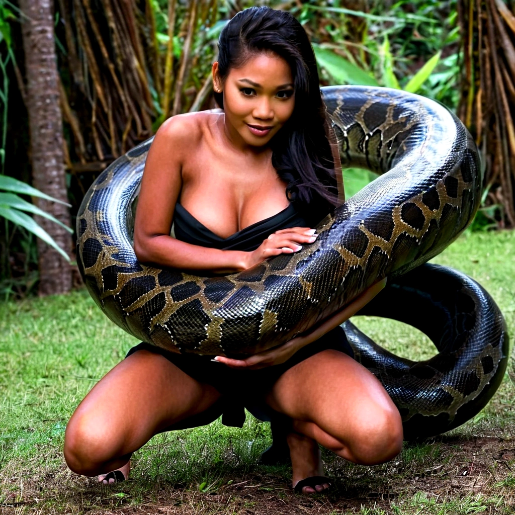  Happy Horny, aroused 1girl), beautiful kneeling Filipino  girl  with  giant colossal black titanboa squeezing her hard, wrapped in thick spiraling coils, constricted, struggle, gasping for air, snake attack, snake peril, moonless night, dim light