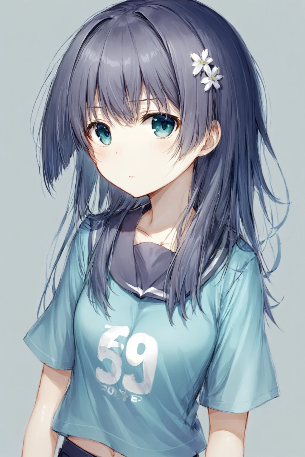 masutepiece, Best Quality,Illustration, Wallpaper, Ultra Detail, 1girl in,Solo,Beautiful detailed eyes,Very thick contour lines、Medium Short-Cut Hair、Short, Braided hair、(student clothes)、Dark hair color、Open mouth and big smile、Kamimei、Angle from which you can see the whole body、Overlooking angle:1.2、small head、ample breasts
