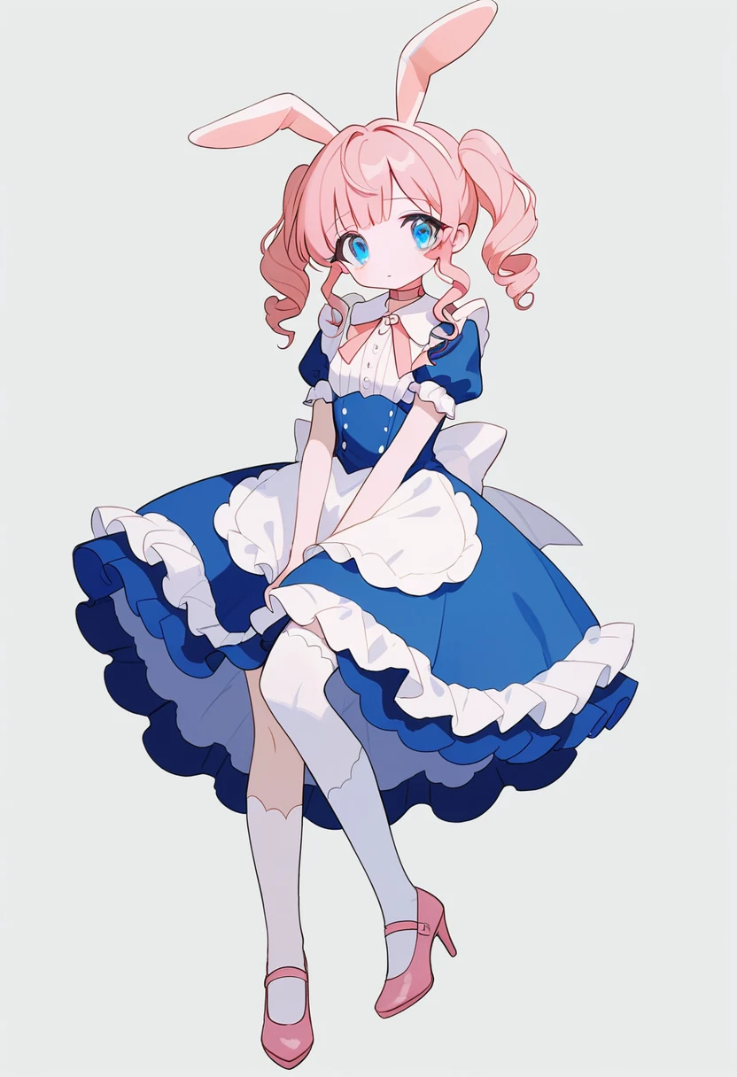 1girl,solo,bow on the hair,bangs,bunny ears,short sleeves, ((pink and blue dress)),twintails,looking at viewer,puffy white sleeves,blue eyes,puffy short sleeves,pink hair,curly hair, pink choker,grey background,frilled sleeves,simple background, lolita dress, shy look,white thigh socks, pink high heels, full body, floating score_9,score_8_up,score_7_up,Expressiveh,rating_safe,(masterpiece, best quality)