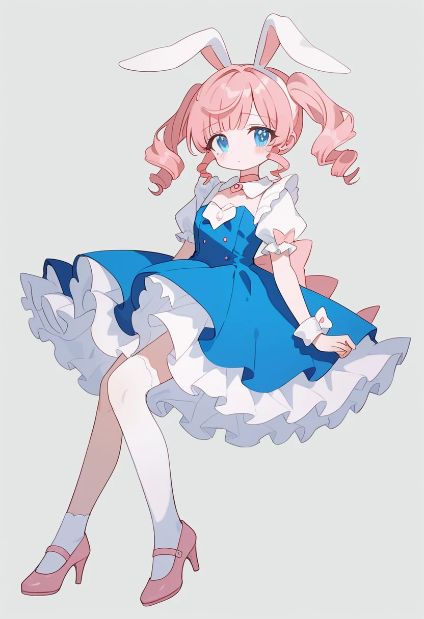 1girl,solo,bow on the hair,bangs,bunny ears,short sleeves, ((pink and blue dress)),twintails,looking at viewer,puffy white sleeves,blue eyes,puffy short sleeves,pink hair,curly hair, pink choker,grey background,frilled sleeves,simple background, lolita dress, shy look,white thigh socks, pink high heels, full body, floating score_9,score_8_up,score_7_up,Expressiveh,rating_safe,(masterpiece, best quality)