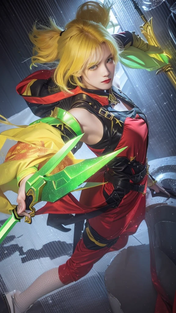 a beautiful yellow-haired woman in red clothes holding a green and yellow sword