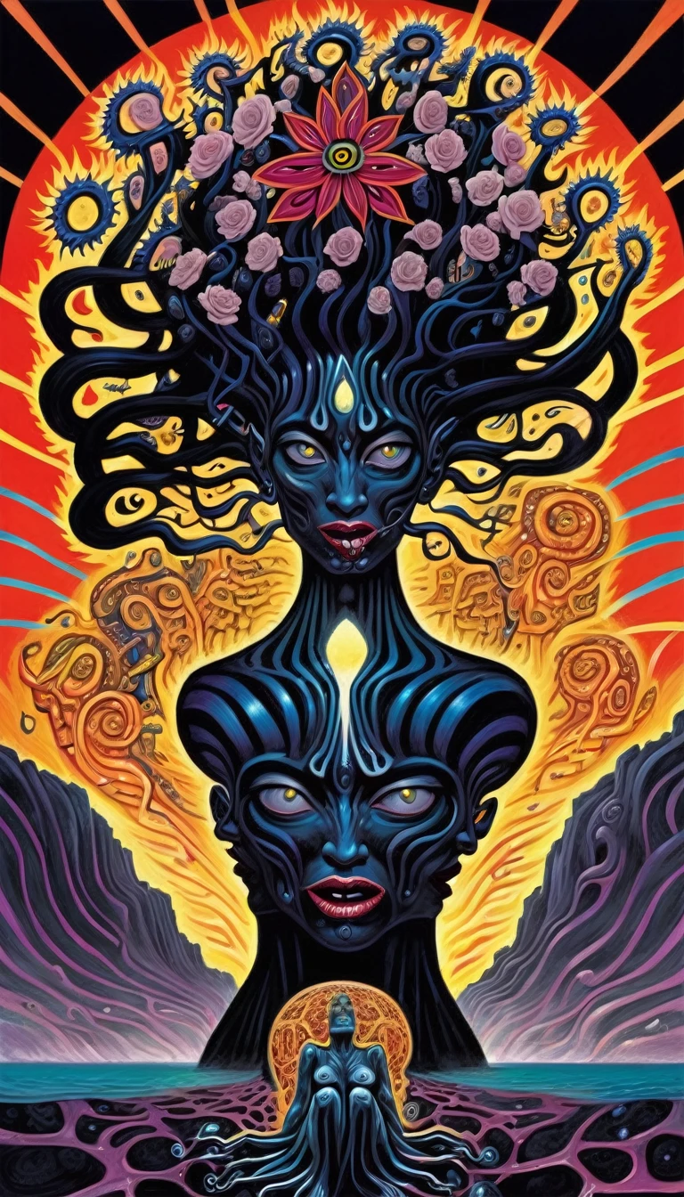 Drawing of a woman with flowers in her hair, Screaming Shadow, Roots and thorns, Featured on artstattion, Black paint runs down, heavy metal artwork, Two people, synesthesia, Comic Cover Art, In praise of the shadow that stands atop the intergalactic rift, Monster cephalopods, Dan DeCarlo, Heavily exaggerated proportions, Apocalypse, Live-action John Waters films, Inspired by Dong Yuan, Rick Amor, 2447, big horns, Mashup al3xxl
