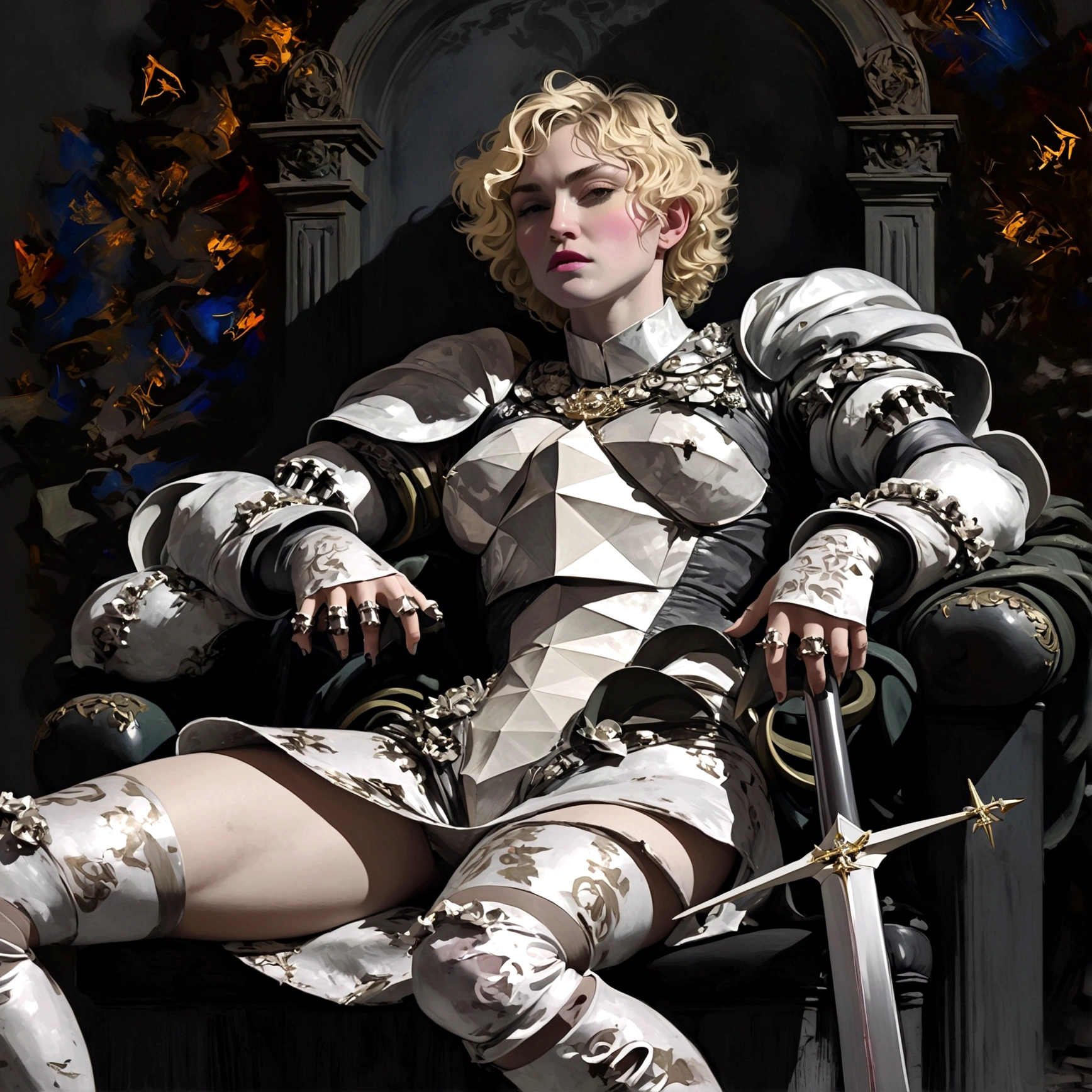 Imagine the singer Madonna at 30 years old sitting on an epic throne, with no clothes alone naked